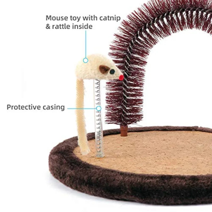 I YAN Original Cat Self Groomer with wooden scratching pad, rubbing post, and toy, featuring a face and body scratcher for cats.