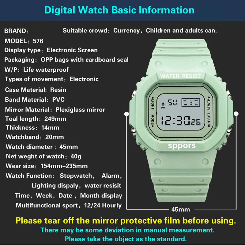 YIKAZE Sports Watch Boys Girls Student LED Electronic Watch Colorful Men Women Square Digital Watches Waterproof Rubber Clock