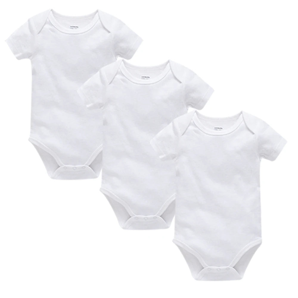 Three white cotton baby bodysuits for boys and girls, short sleeve, I YAN brand, suitable for ages 0-24 months, newborn jumpsuits.