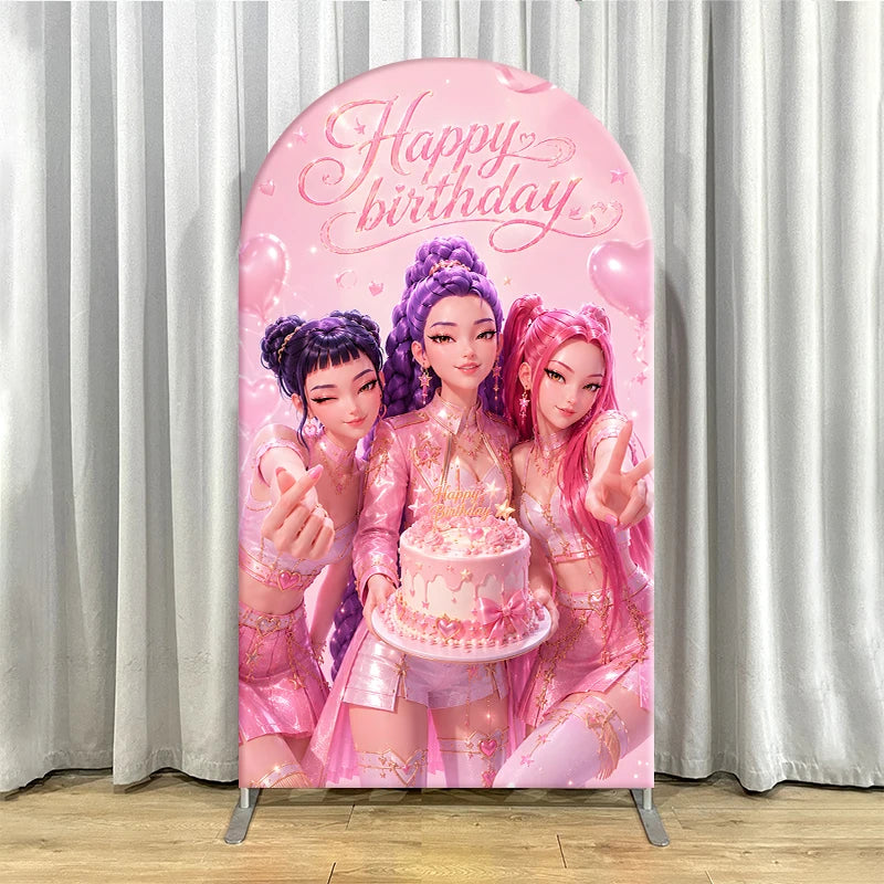 Pink Kpop Demon Hunters Arch Backdrop Cover Spandex Chiara Arch Set for Girl Birthday Party Photo Booth Studio Decor Supplies