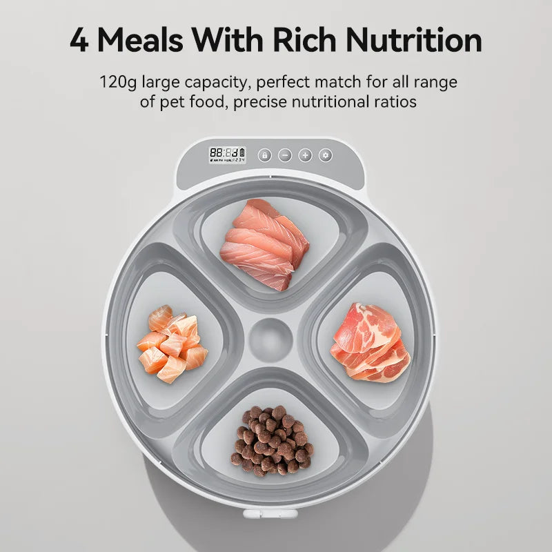 I YAN F26 automatic pet feeder with 4 meals, dual ice packs, and 360-day battery life, showing the digital control panel and food tray.