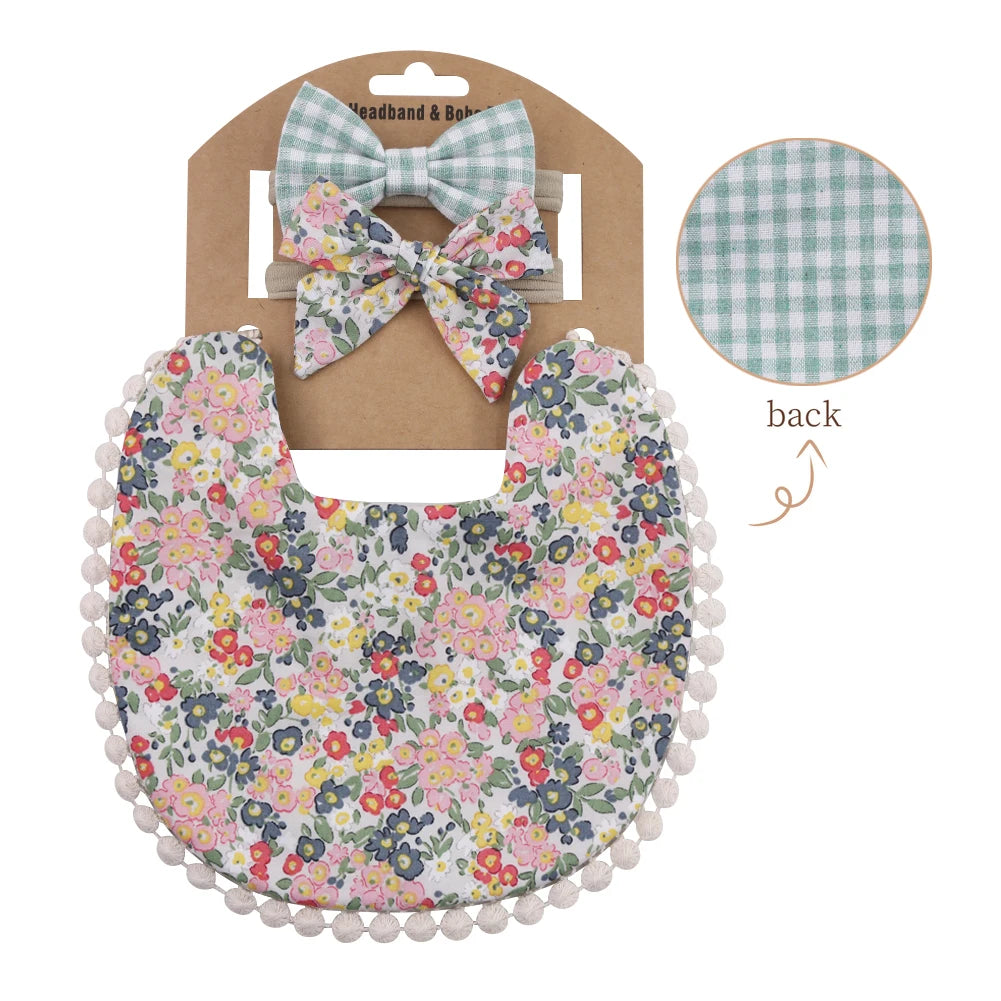 Set of three I YAN baby bibs, cotton linen with flower print, includes elastic headband, saliva towel, and feeding bandana apron.