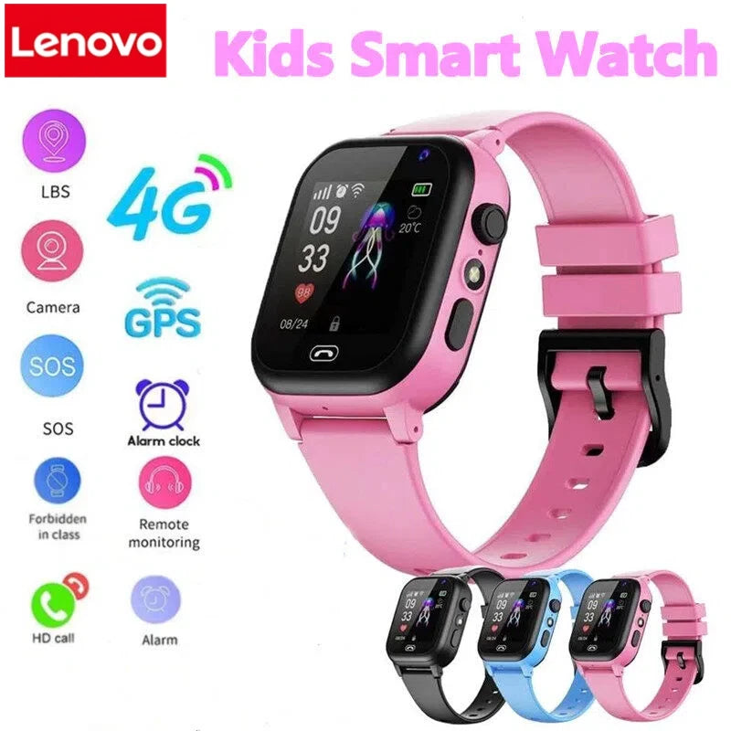 Lenovo I YAN kids smart watch with GPS, camera, SOS, video call, monitor, and location tracking in a sleek black design.