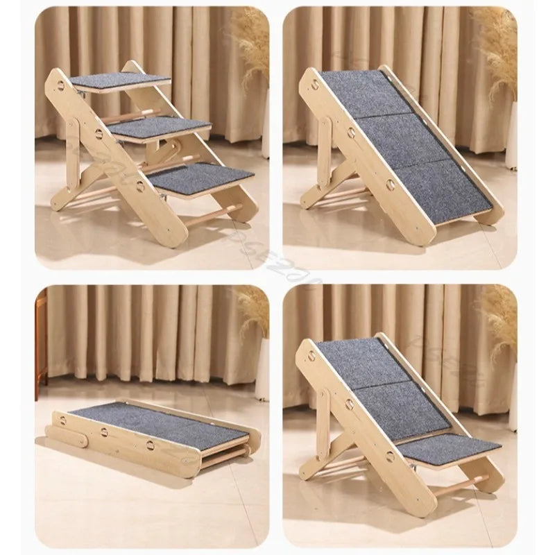 Adjustable and foldable I YAN dog staircase and pet ramp with two-in-one design for cats and small dogs, shown folded and extended.