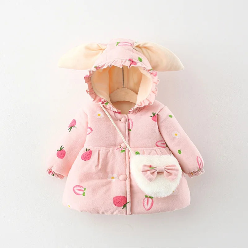 Winter Girls' Cotton Jacket, New Cute Children's Clothing, Solid Color Printed Girls' Cotton Jacket, Rabbit Ear Hooded Bag Gift