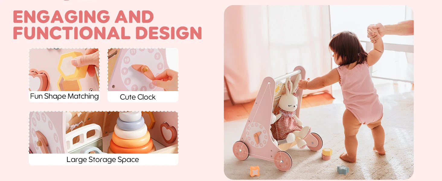 Wooden baby walker by I YAN with activity center, storage compartments, and Montessori design, suitable for boys and girls.
