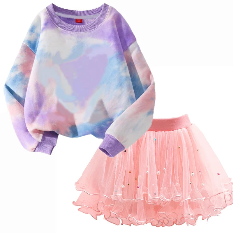 K-Pop Hunters Zoey Mira Rumi Children Sweaters Girls Tie-dye Sweatshirt Pink Pullovers Kids Tops Tulle Princess Dresses Suit