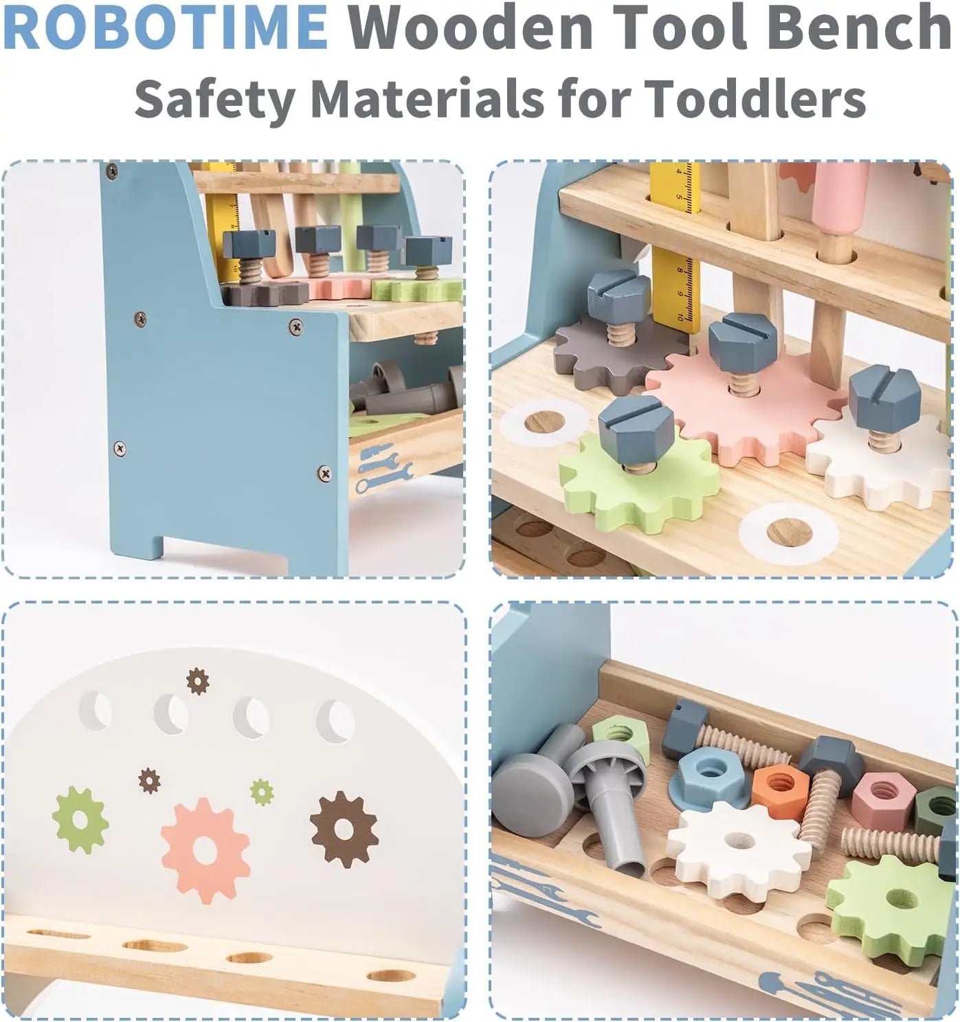 Mini wooden work bench from Robotime I YAN, with toy tools for kids' pretend play and educational construction fun.