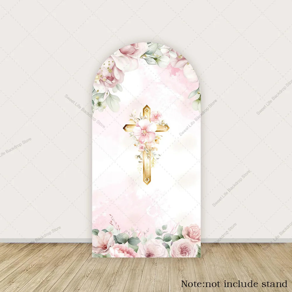 Girl First Holy Communion Arch Cover Backdrops God Bless Cross Grail Candle Decor Party Arched Wall Banner Background