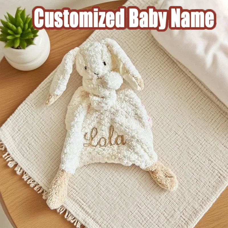 Personalized I YAN baby burp cloth with cute rabbit embroidery, organic cotton, soft towel for soothing and baby shower gift.