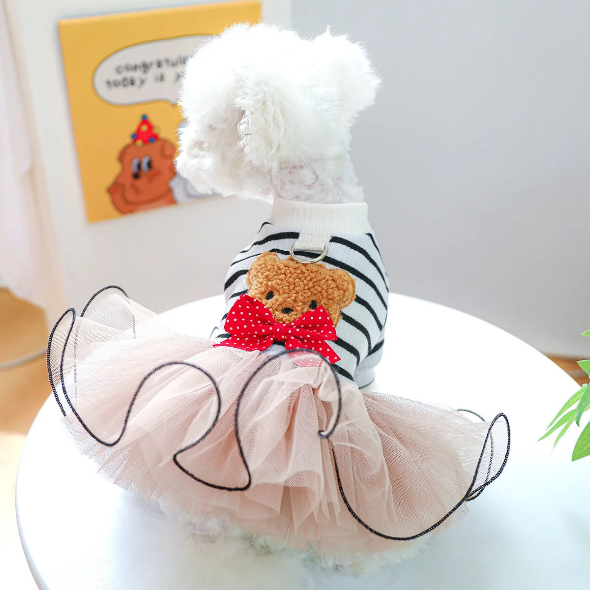 Small dog girl winter princess dress with striped sweater, tutu skirt, bear bowknot, pet costume, by I YAN, suitable for parties.