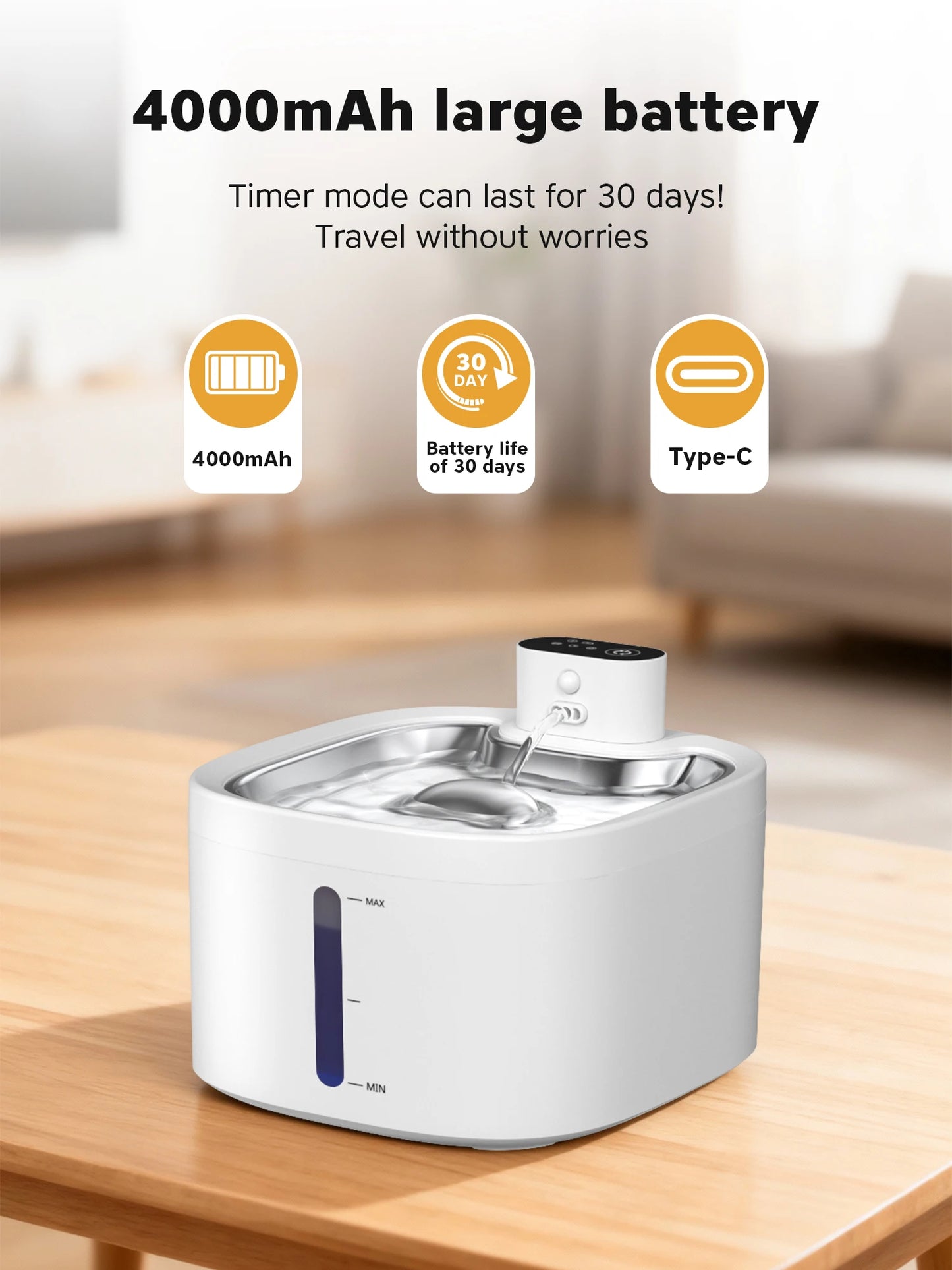 Wireless Cat Water Fountain 3.5L Pet Water Dispenser 4000mAh Long Lasting Battery Life Stainless Steel Pallet and Motion Sensing