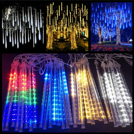 EU plug LED meteor shower string lights by I YAN, 30/50cm outdoor fairy garden decor for Christmas and holiday decoration.