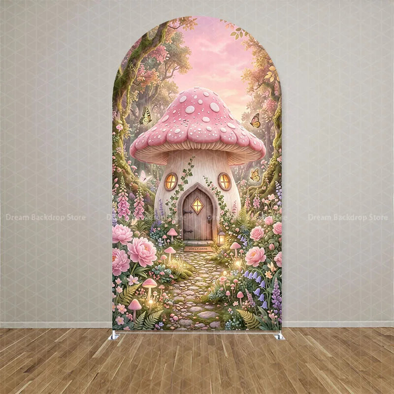 Custom Double-sided Wonderland Fairy Mushroom Butterfly Arch Backdrop Cover Girls Birthday Party Baby Shower Decor Background