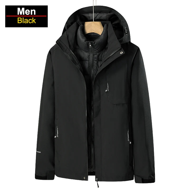 Men's 3 In 1 Thick Hiking Jacket Down Cotton Waterproof Winter Windbreaker Outdoor Warm Camping Jacket Windproof Coat
