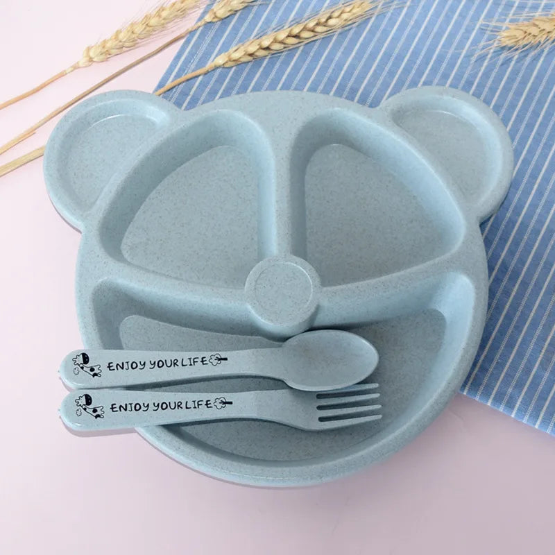 3Pcs Wheat straw children compartment dinner plate kindergarten students bear tableware set children tableware lunch box