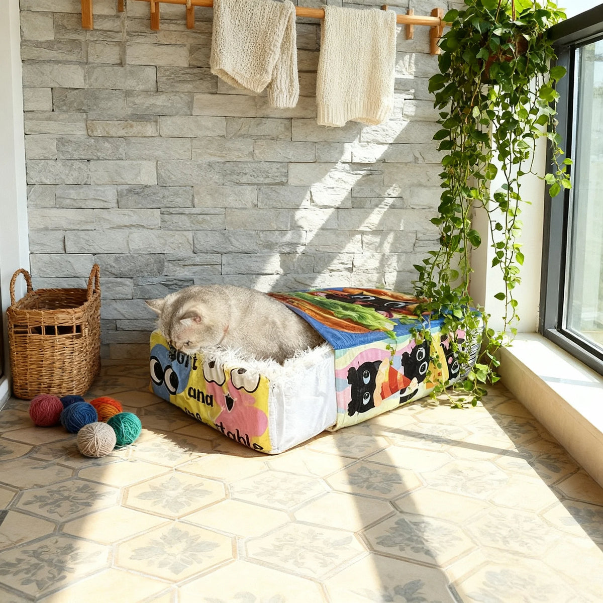 I YAN BOOTEELY cartoon hamburger plush cat bed with black cat snack box design, spacious and cozy nest for comfortable feline rest