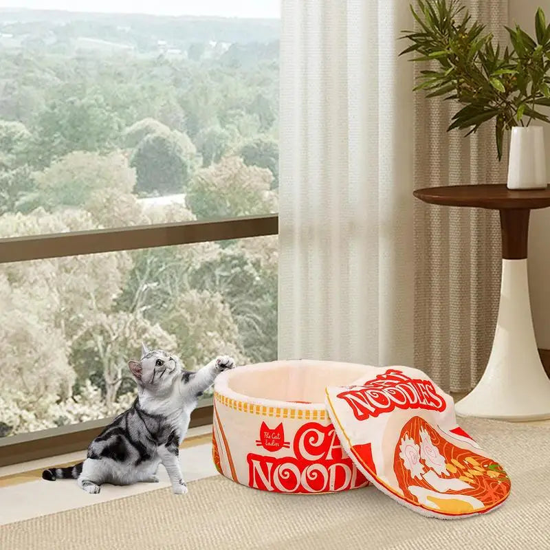 Soft Ramen Noodle Cat Bed with cover, I YAN brand, cozy pet house for small to large cats, designed as a creative noodle bowl shape.