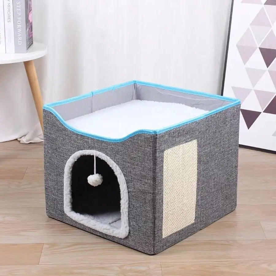 Large Foldable Cat Cave House Bed For Indoor Cats Dual Layer Cat Hideaway With Hanging Fluffy Pom Pom Toy & Built-In Sisal Scratch Pad Soft Cozy Pet Cat Nest 16.5×16.5×13 Inches Grey