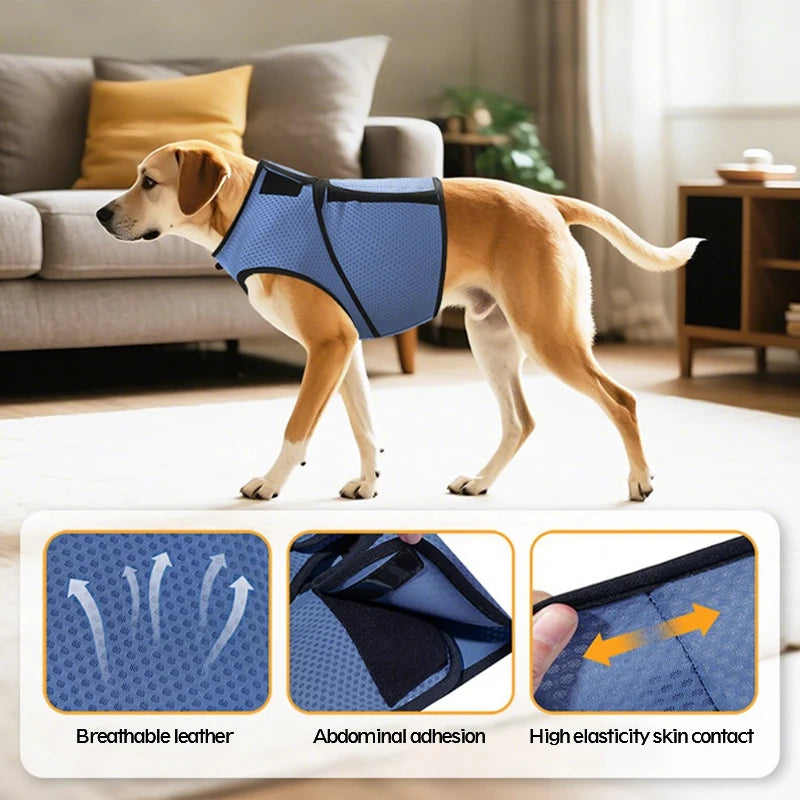 I YAN dog calming vest with mesh fabric, designed as an anxiety relief coat for thunderstorms, featuring a chest harness and skin-friendly material.