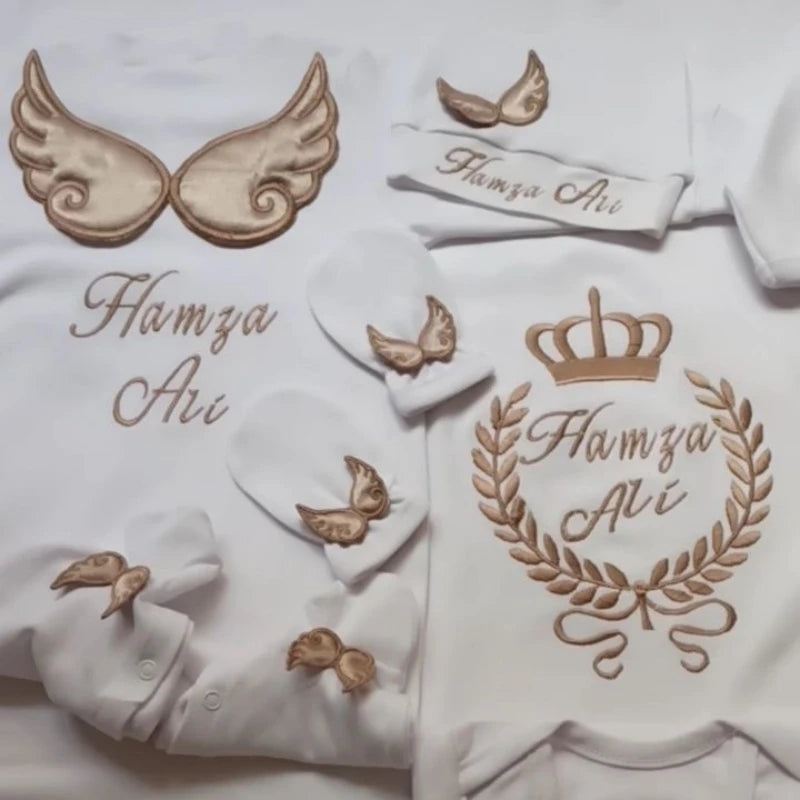 Personalized Angel Wings Newborn Gift Set – 5-Piece Embroidered Cotton Layette - I YAN