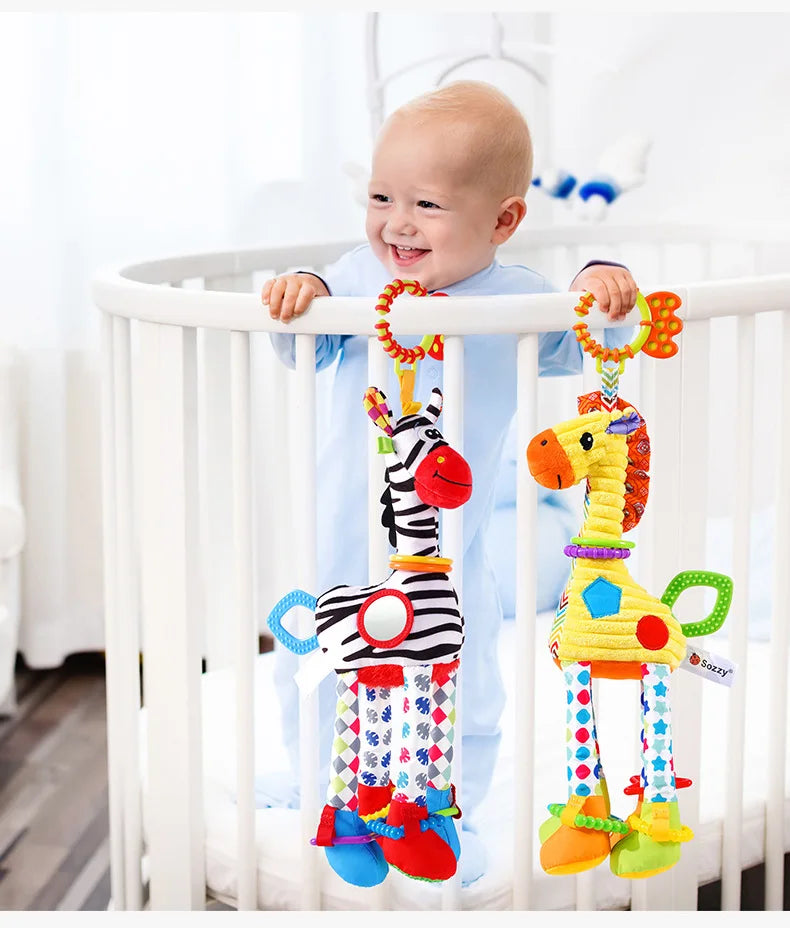 Soft plush giraffe and zebra handbells with rattles and teether, suitable for infants and baby development toys.