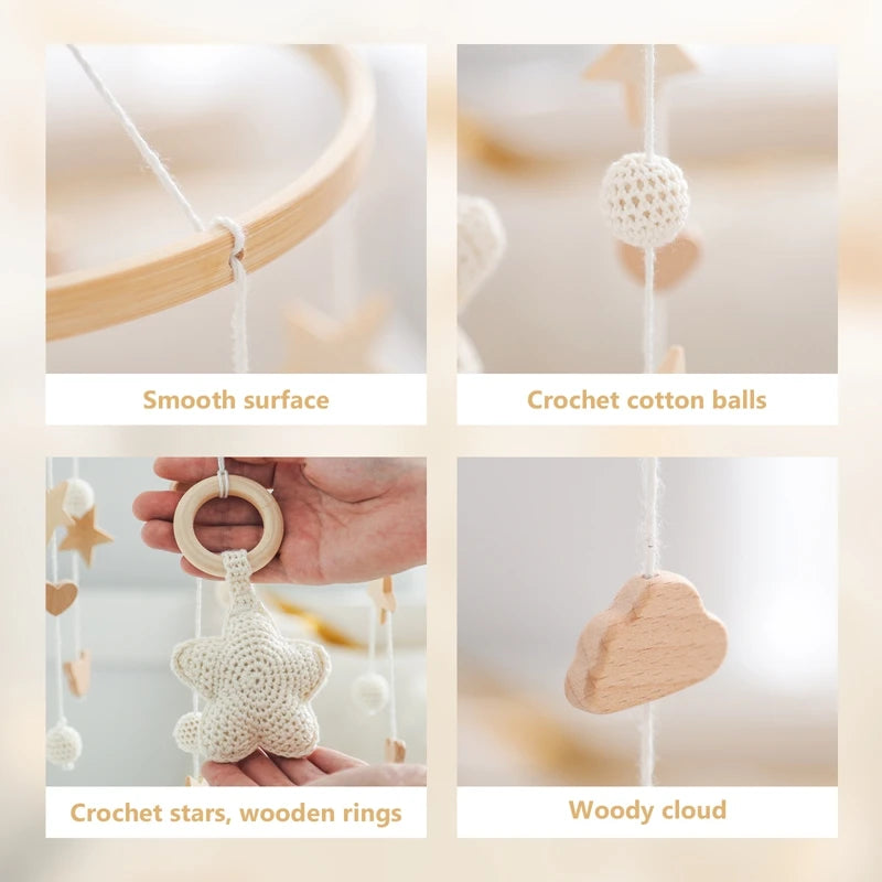 Crochet Stars Baby Crib Mobile – Wooden Bed Bell Hanging Toy for Newborns 0-12M - I YAN