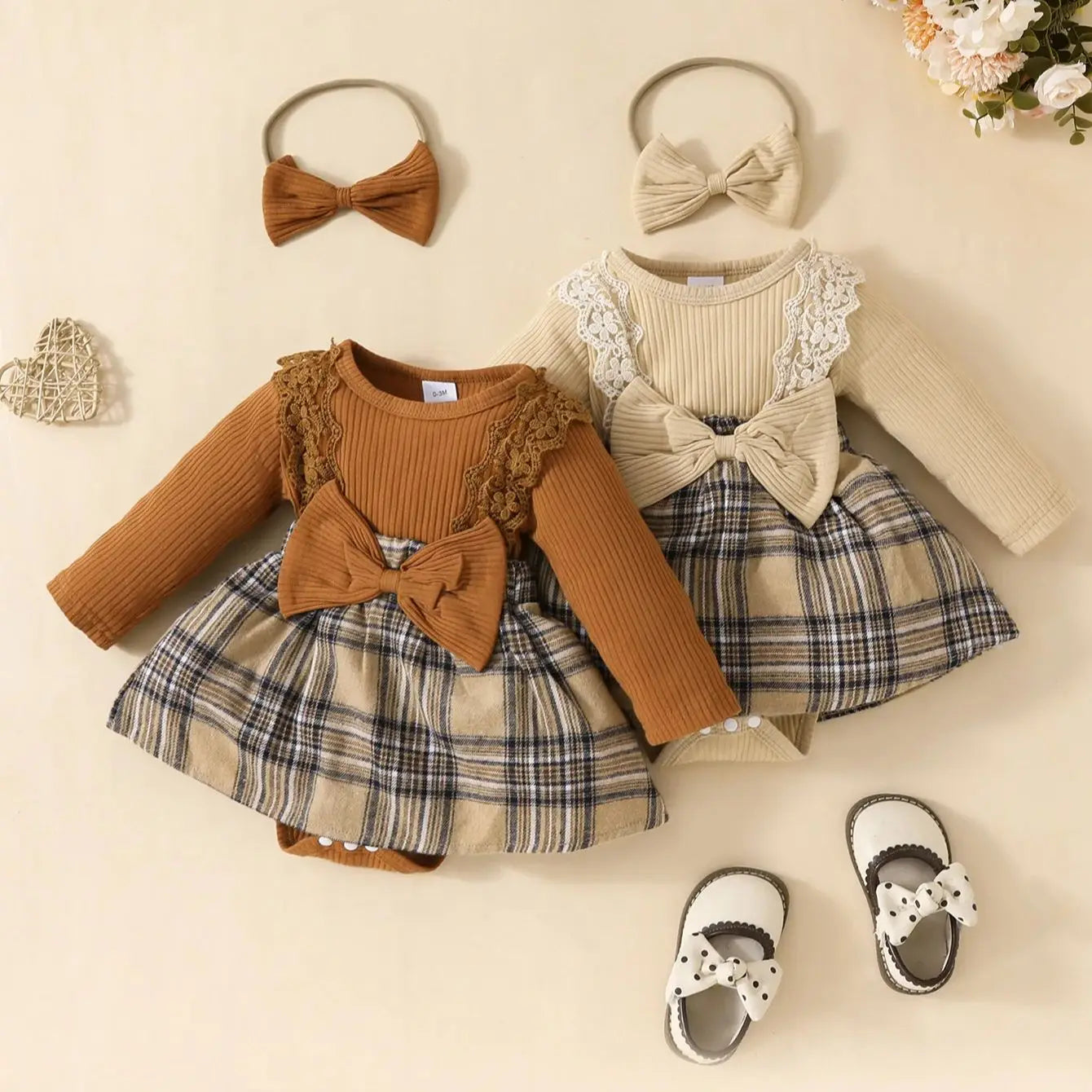 Baby Gilrs Long Sleeve Autumn/Winter Plaid With Bow Honey Jumpsuit For Newborn-18M Vacation Wear +Headband