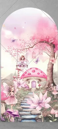 Fairy Girl 1st Birthday Party Arch Backdrop Spring Garden Pink Purple Butterfly Floral Mushroom Door Baby Shower Backgrounds