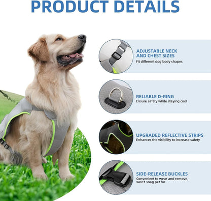 Dog cooling vest by I YAN with two gel ice packs, featuring evaporative and ice pack cooling for small, medium, and large dogs.