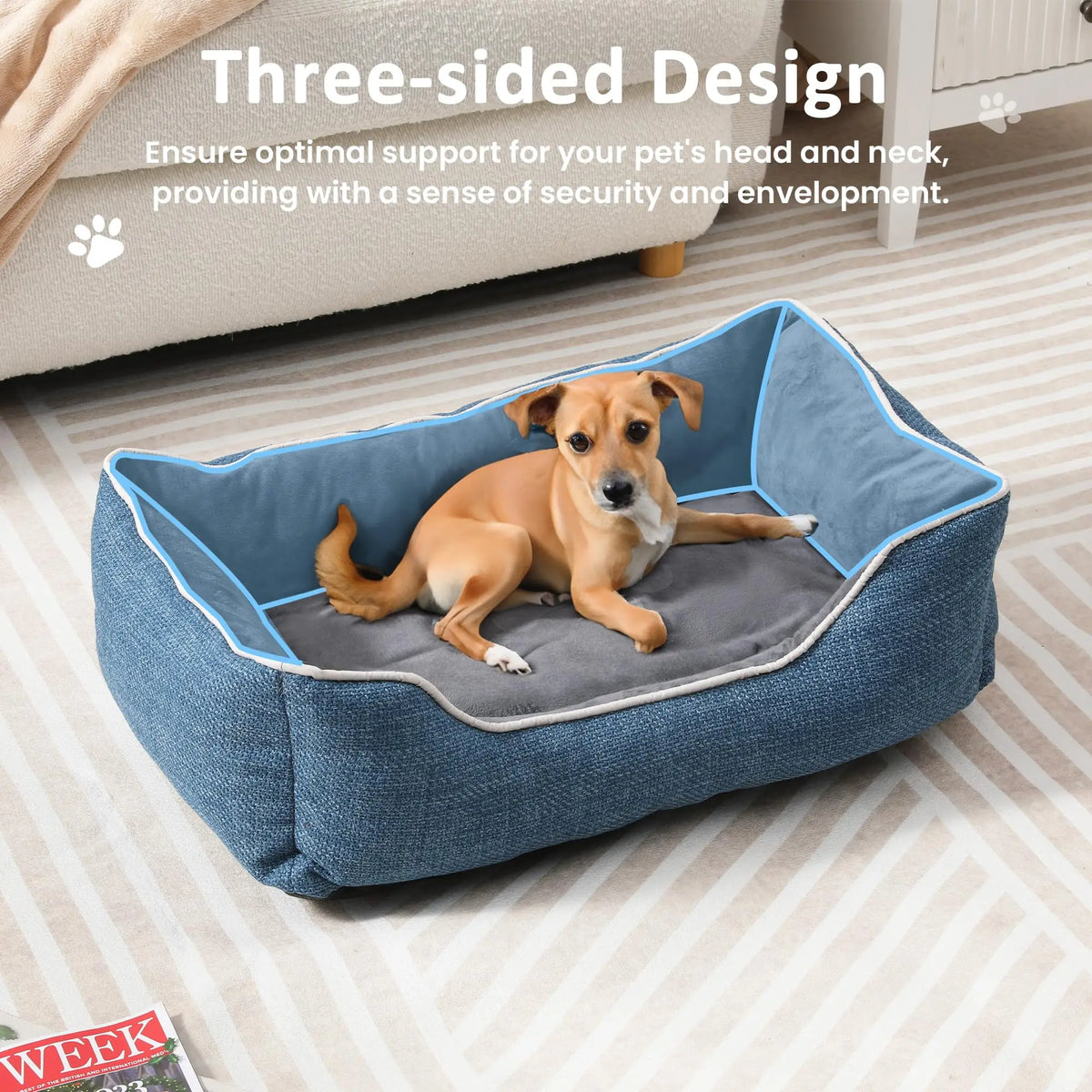 Blue small dog and cat bed with plush interior, anti-slip bottom, removable washable cover, ideal for indoor and outdoor use.