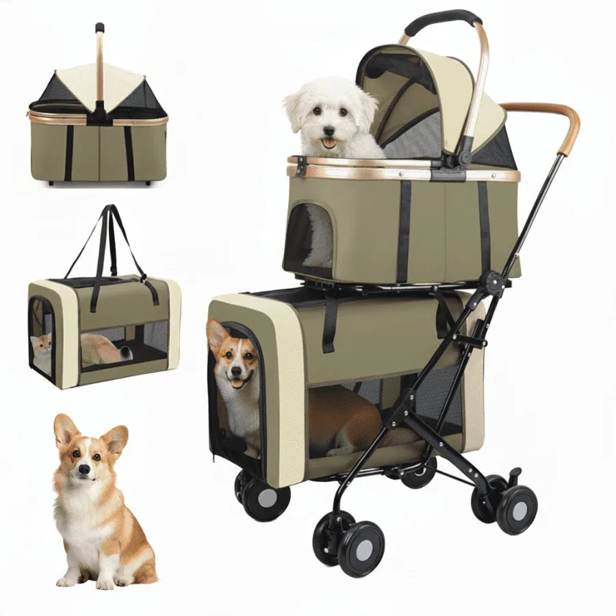 I YAN dual 4-in-1 pet stroller with four wheels, foldable design, brown color, suitable for medium dogs and cats up to 50lbs.