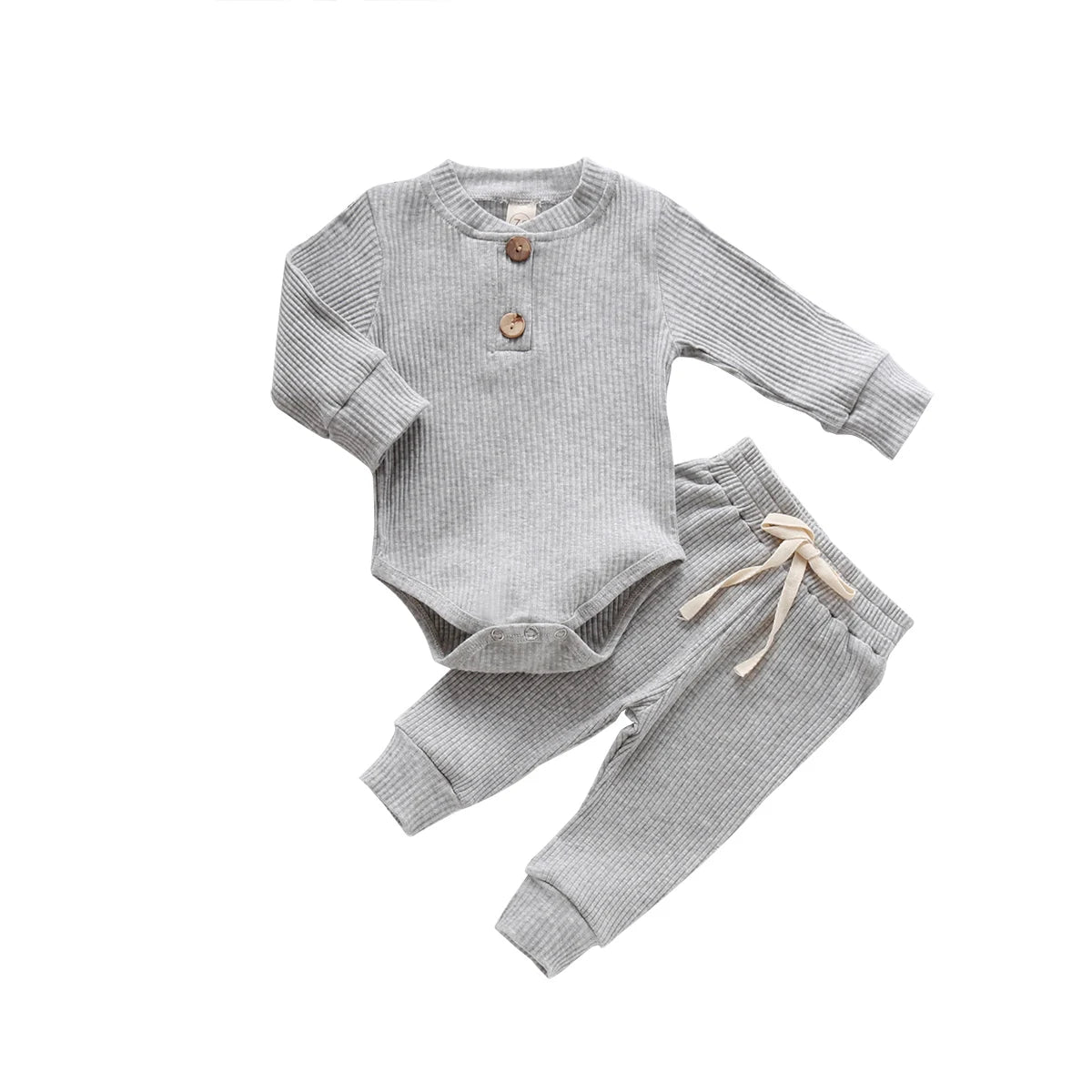 Infant baby girl and boy spring autumn ribbed and plaid long sleeve bodysuits with elastic pants, I YAN 2-piece clothing set.