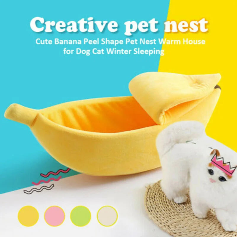 Colorful I YAN banana-shaped cat bed house with cozy, durable, and portable design, perfect for cats and small pets.