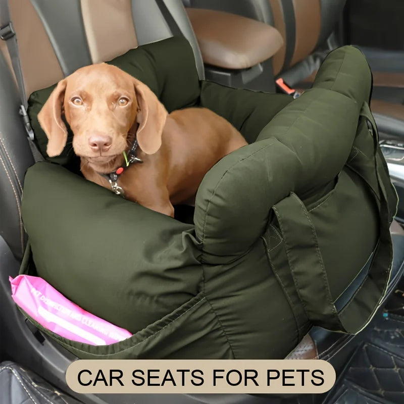 Dog car seat with safety belt by I YAN, non-slip travel carrier for small dogs, shown in a secure and comfortable setup.