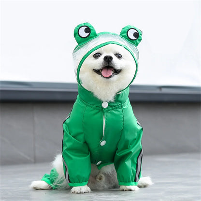 Yellow waterproof frog dog raincoat with hood and reflective strip, designed by I YAN for wet weather protection.
