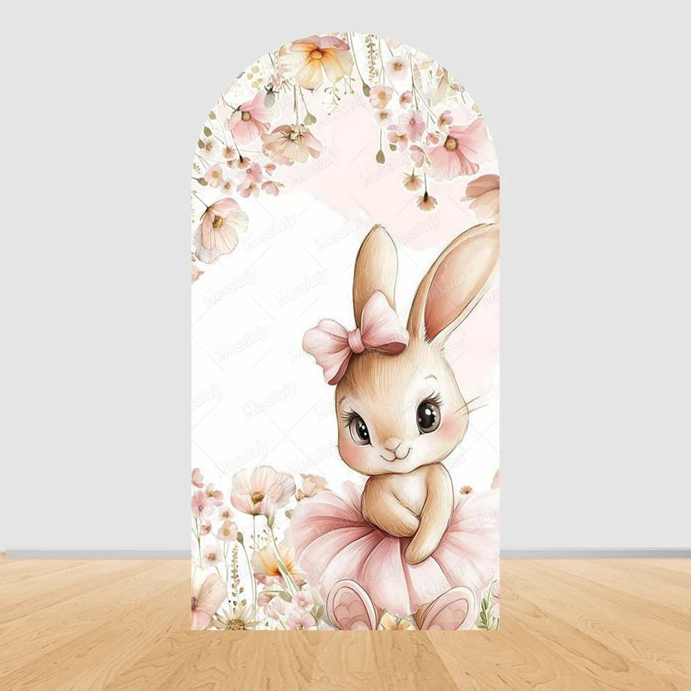 Little Rabbit Pink Flower Bow Baby Girl Birthday Party Arch Backdrop Cover Bunny Baby Shower Arched Photo Background Decor Props