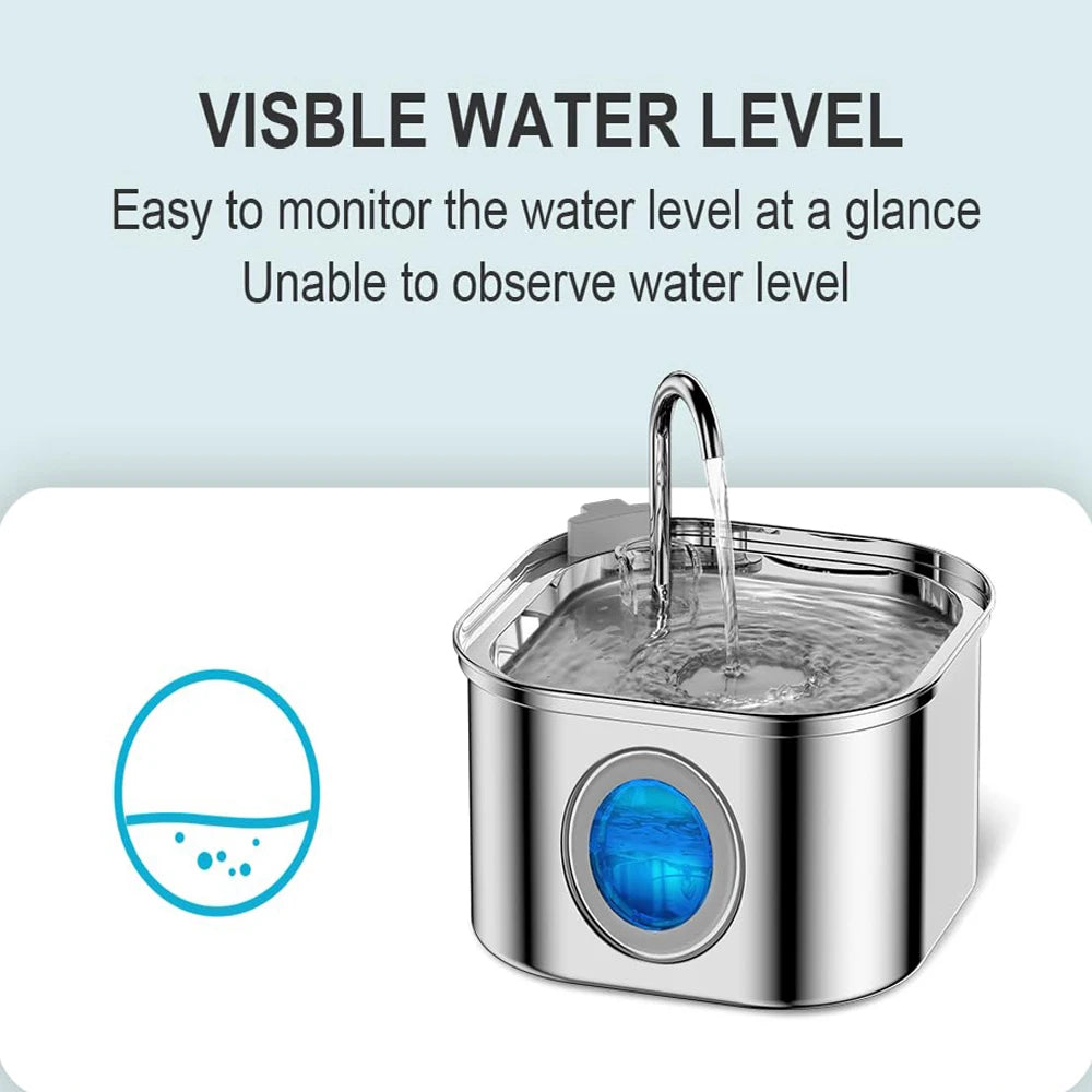 2.2L Automatic Cat Water Fountain Square Stainless Steel Pet Water Feeder Dog Water Fountain with window（No 5V 1A Plug）