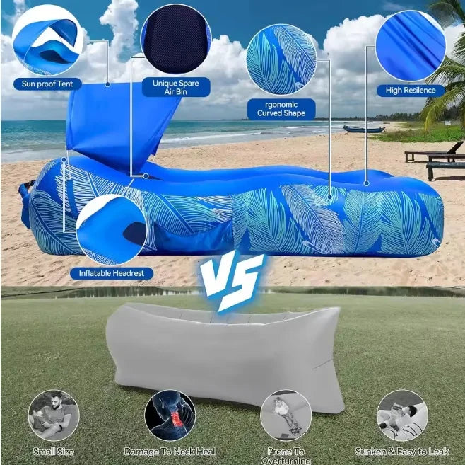 Inflatable Sofa Outdoor Camping Quick Inflatable Lazy Lounge Chair Leak Proof Beach Inflatable Bed for Travel With Sunshade