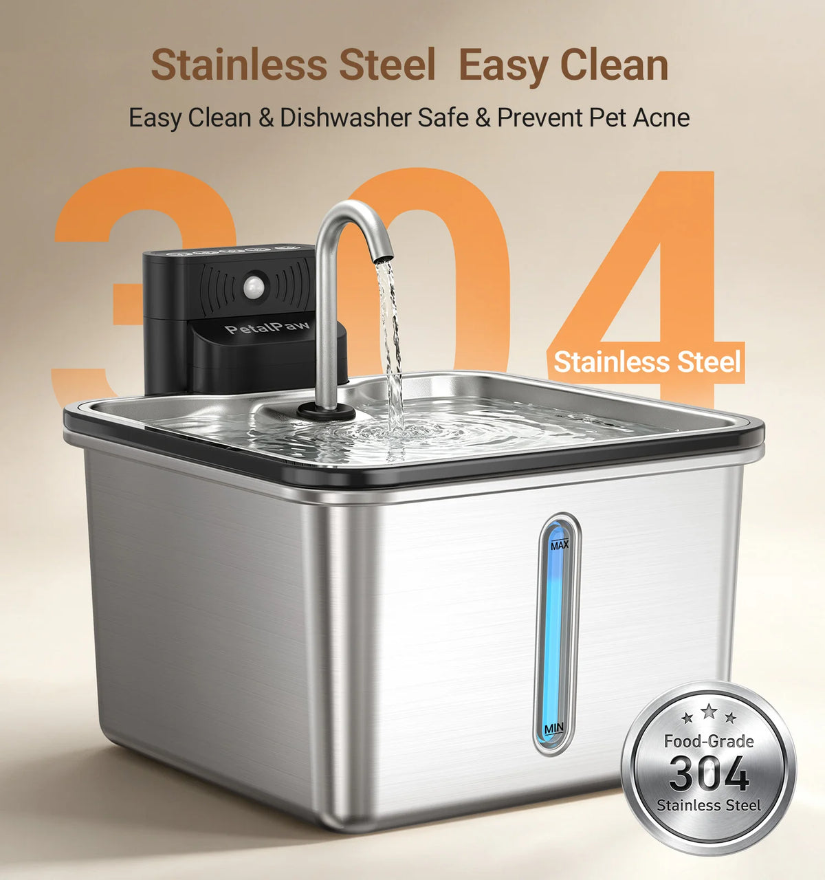 Wireless PETALPAW cat water fountain by I YAN with stainless steel design, 3.5L capacity, cordless, and battery-powered indoor pet dispenser.