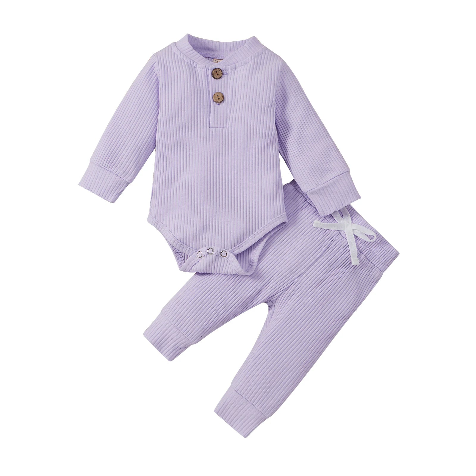 Infant baby girl and boy spring autumn ribbed and plaid solid long sleeve bodysuits with elastic pants, I YAN 2-piece clothing set.