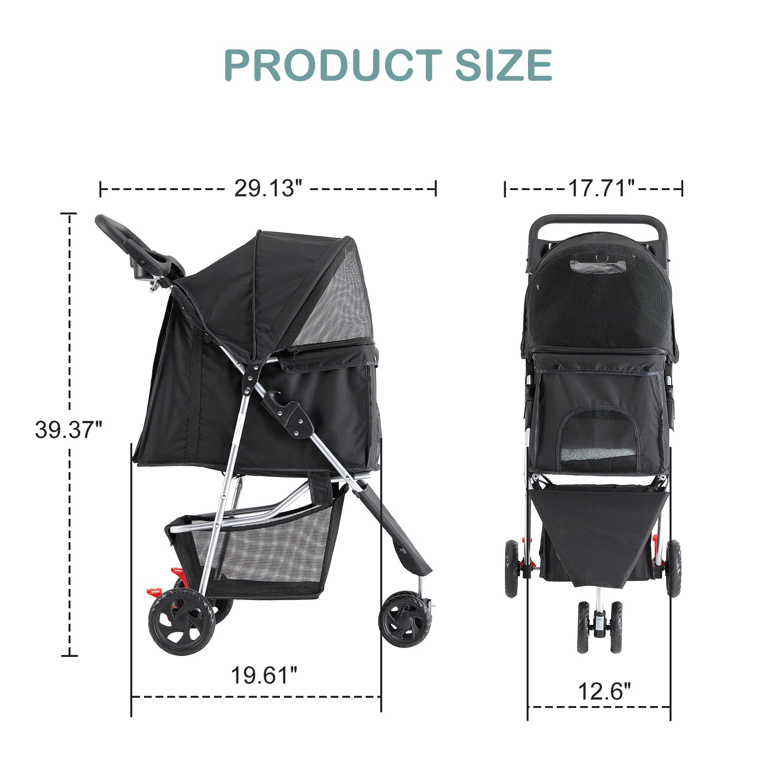 I YAN JHK 3-wheel foldable pet stroller for small dogs and cats, with mesh windows, storage basket, and cup holder.