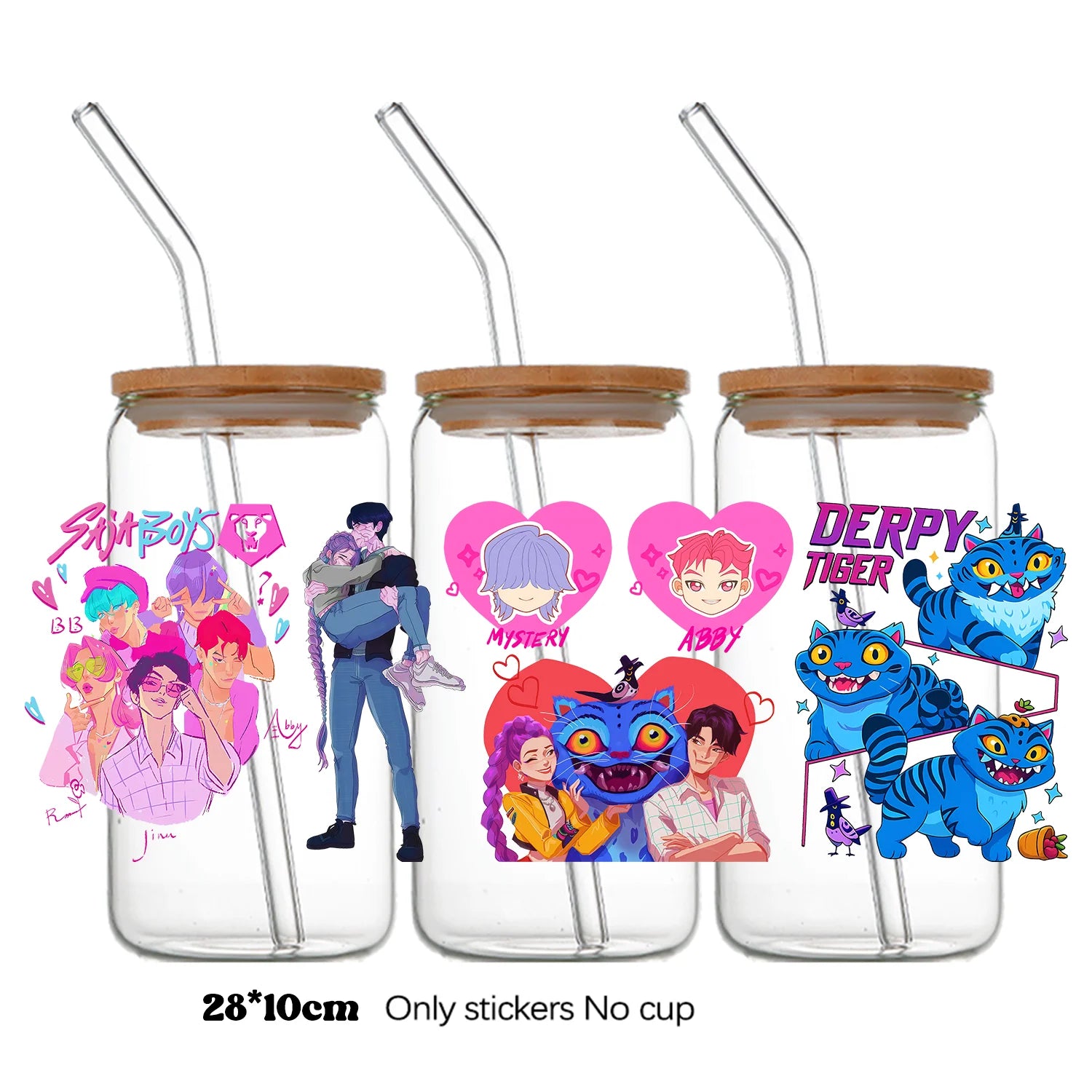 Demon Hunters UV DTF crystal sticker by I YAN, 10x28cm, bottle and cup wrap decal with demon hunter design on transparent background.