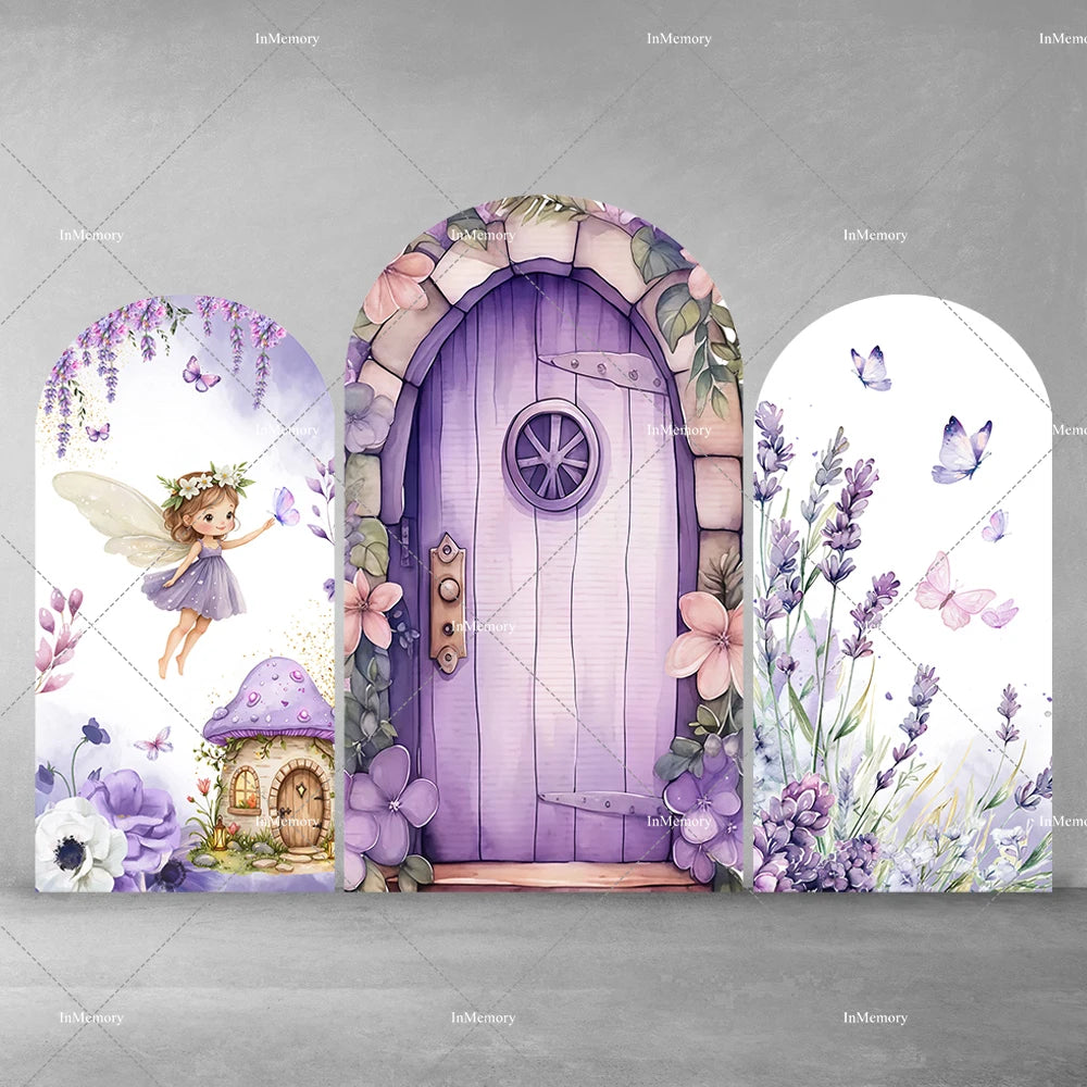 Fairy Girl 1st Birthday Party Arch Backdrop Spring Garden Pink Purple Butterfly Floral Mushroom Door Baby Shower Backgrounds