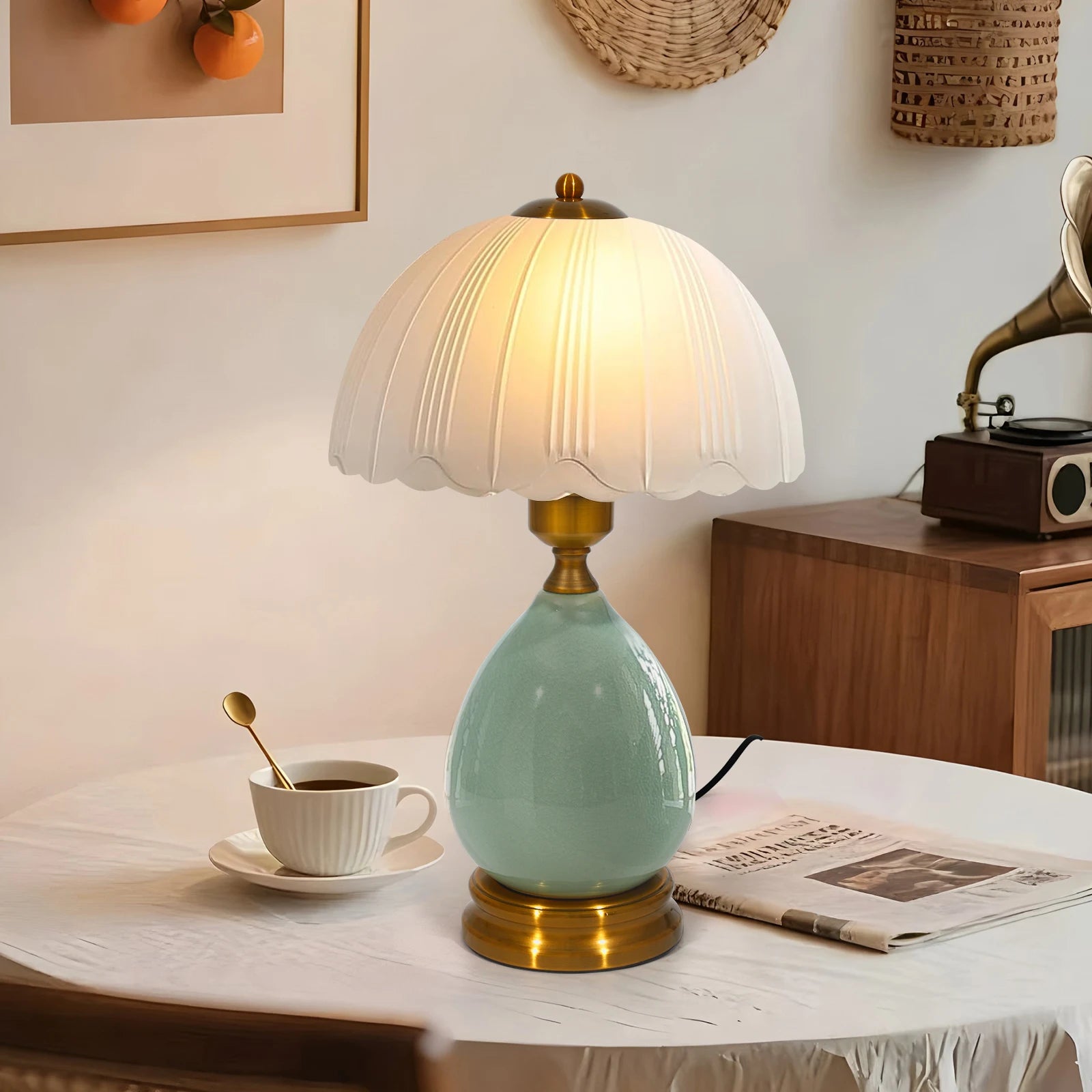 16" Vintage Ceramic Table Lamp – Chinese Traditional Green Bedside Lamp with 3-Color Dimmable LED, Retro Modern Living Room & Be