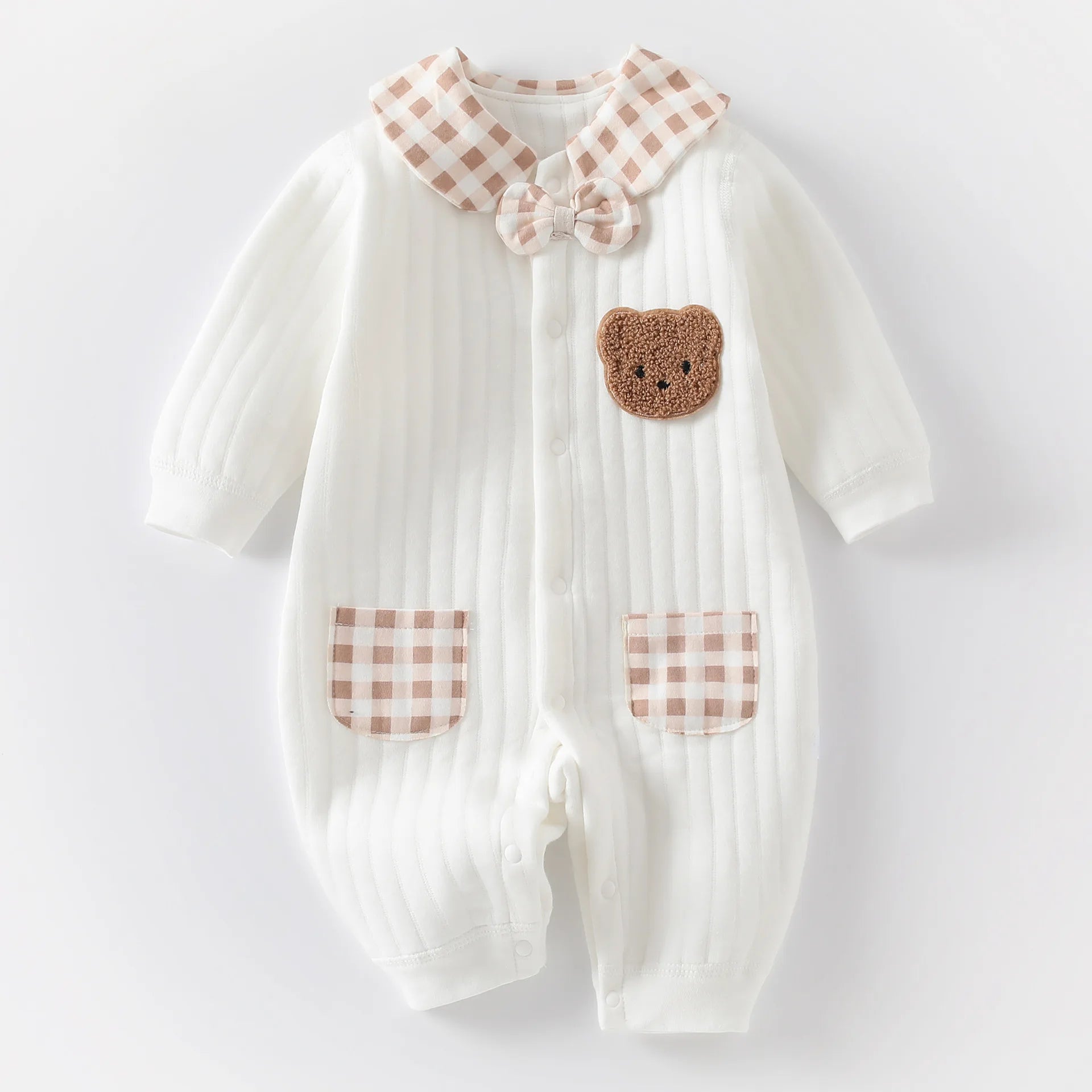 Newborn Baby Jumpsuit Clothes Winter Thickened Romper  Boys Girls Cute Embroidery Bear Bodysuit Autumn Clothing 0-1-3-6M
