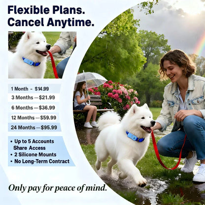 I YAN GPS pet tracker for dogs and cats with real-time 4G tracking and worldwide coverage, showing the device and app interface.