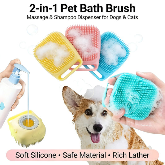 I YAN 2-in-1 pet grooming brush with shampoo storage for dogs and cats, featuring silicone bristles for gentle bathing and massage.