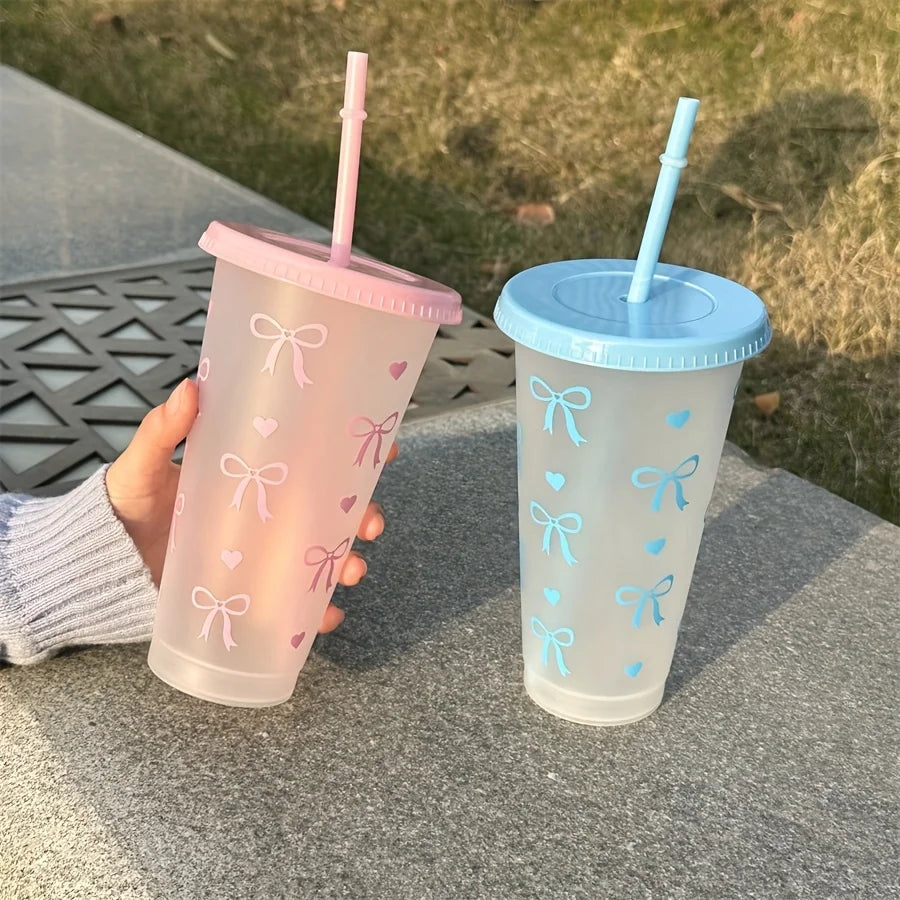 2/20pcs  Reusable Party Cups with Straw & Lid Cute Bow Plastic Tumblers for Cold Drinks Home Office Outdoor Use