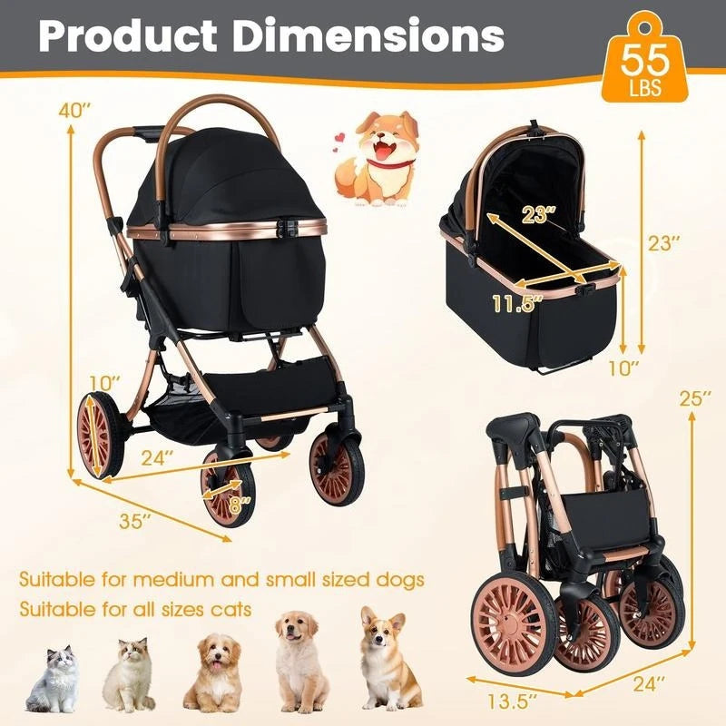 3-in-1 Foldable Pet Stroller with Canopy and Safety Belt, Portable Dog Cat Carrier for Small Medium Pets Up To 55 Lbs, Outdoor Walking Travel Gear, Black